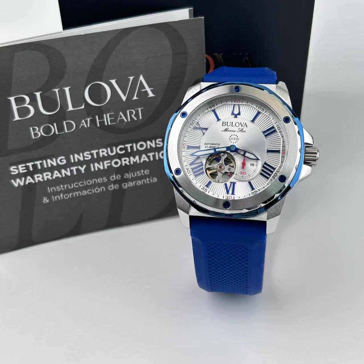 New Bulova Marine Star White Dial Blue Rubber Strap Men’s Automatic Watch 98A225