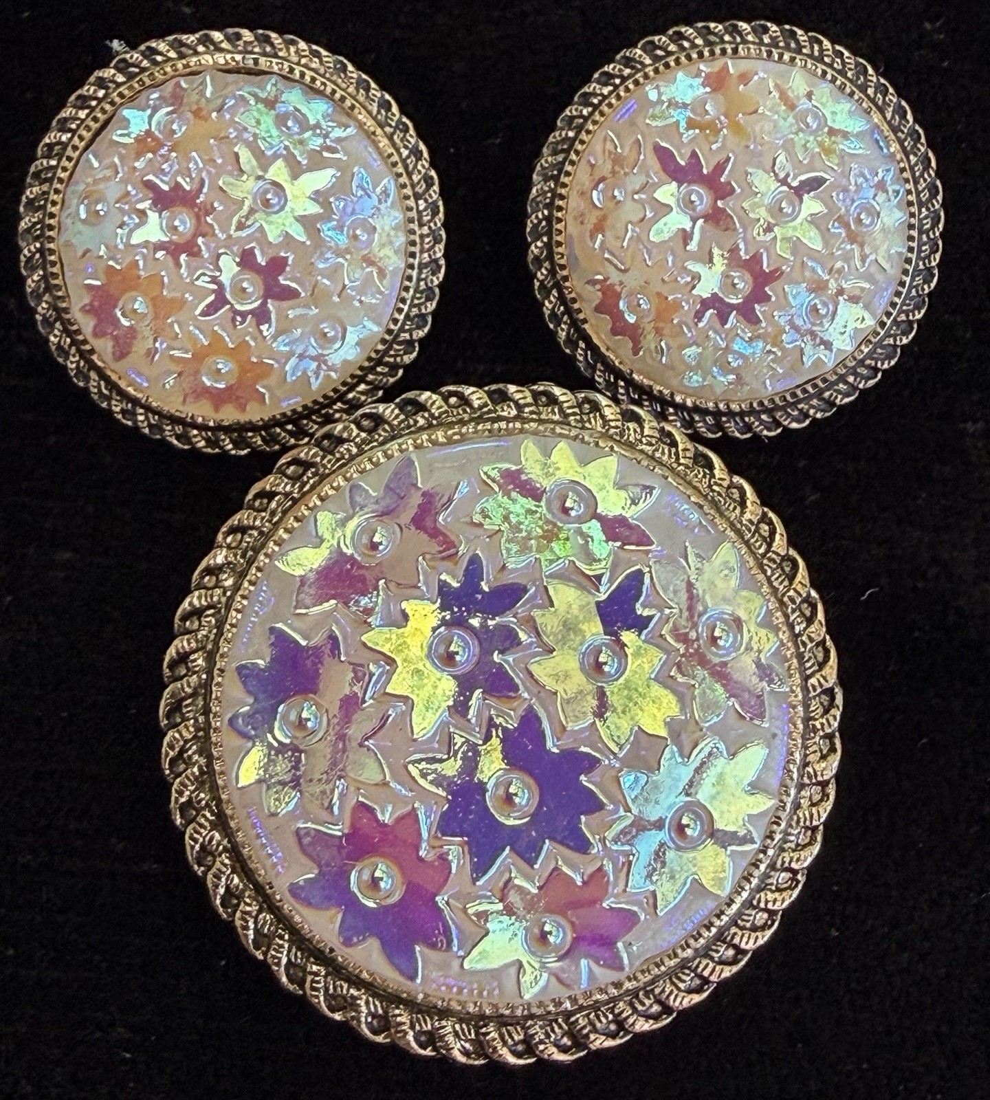 WEST GERMANY molded glass ab star clip Earrings Scarf clip vintage jewelry set