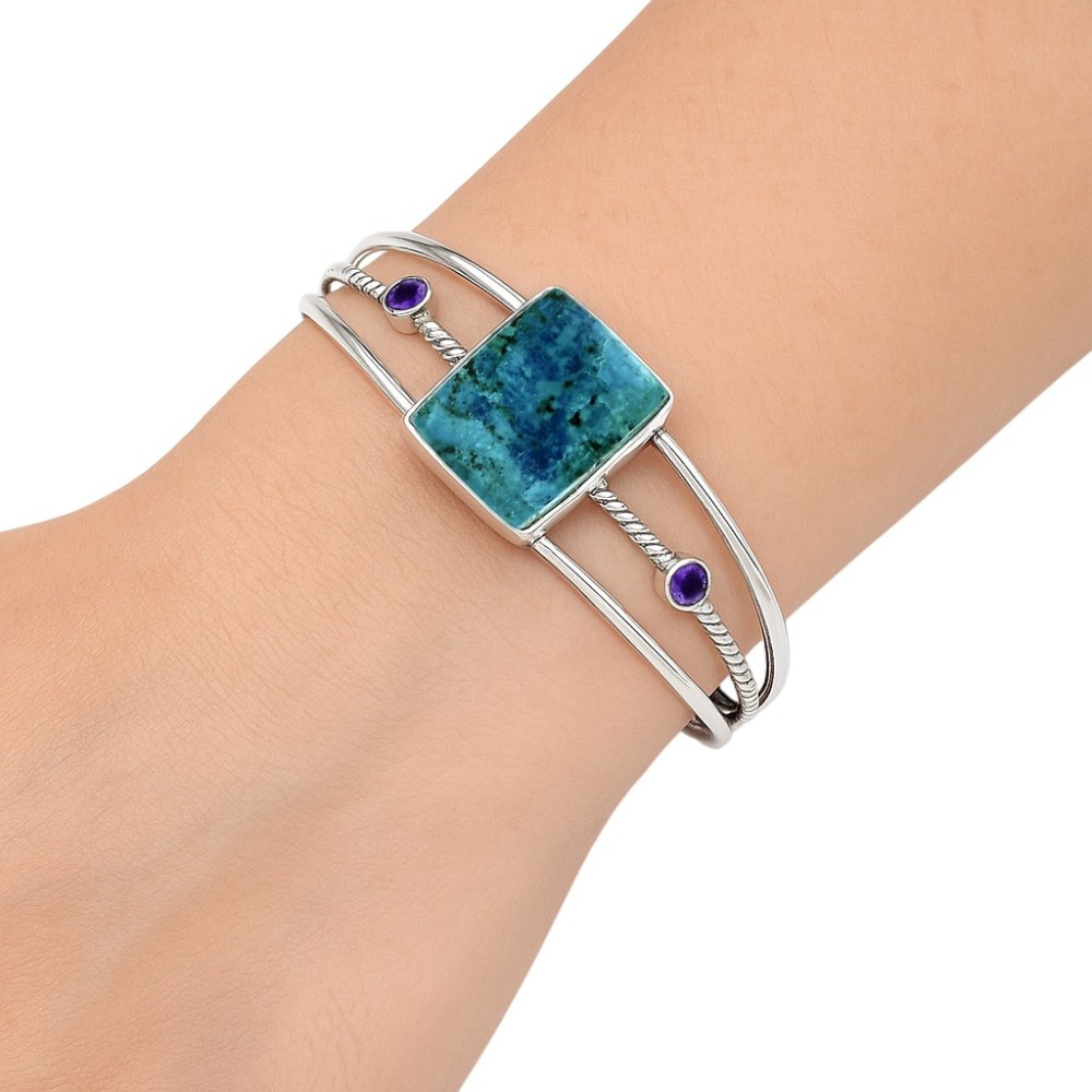 Premium Shattuckite & Amethyst 925 Silver Cuff Bangle Bracelet Jewelry B-1011