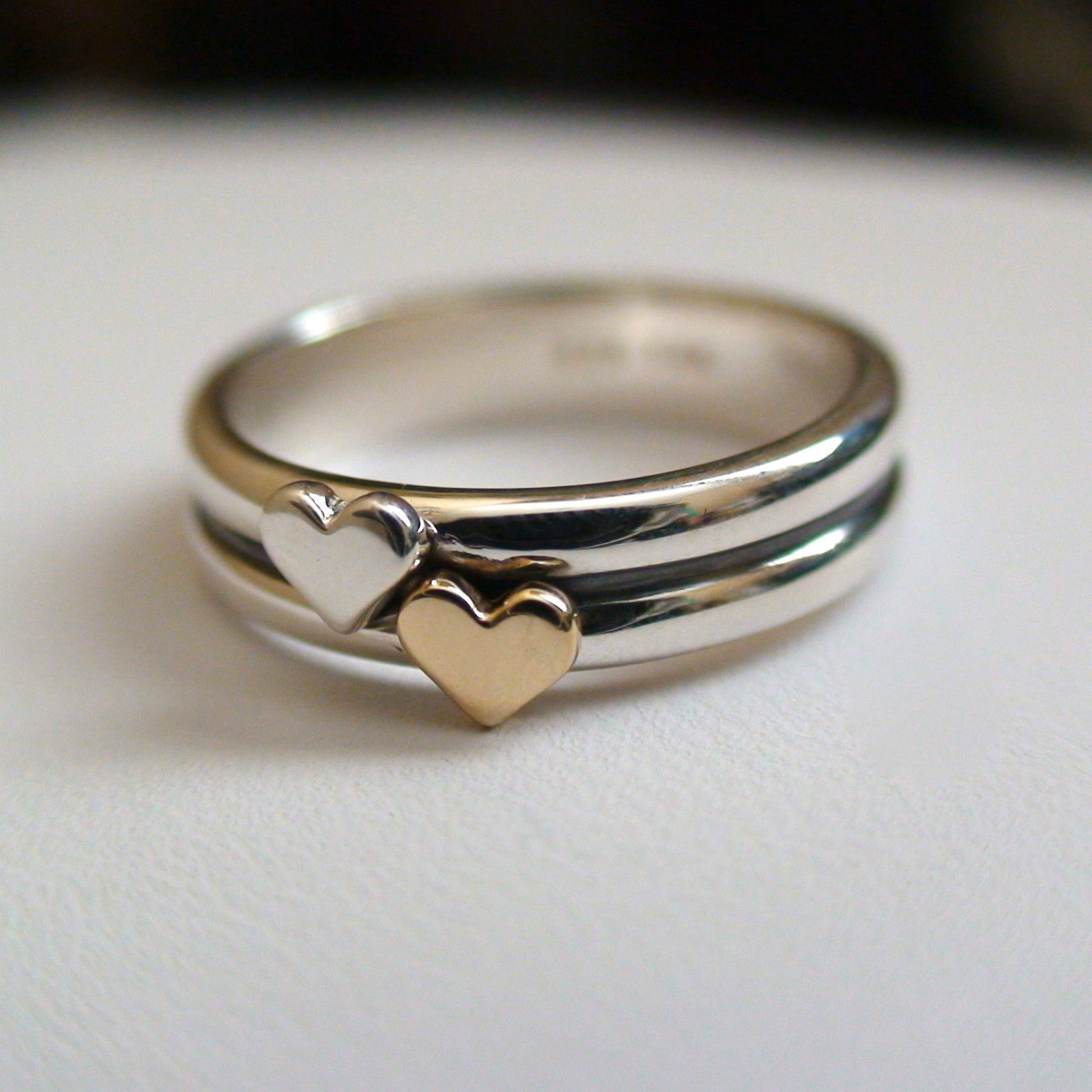 Two Hearts Ring – 925 Sterling Silver & 14K Gold Heart – Multiple Sizes Gift NEW