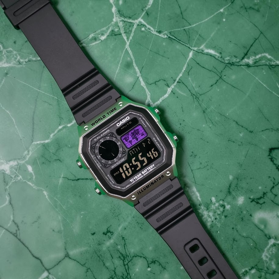 CASIO AE-1200WHD. Royale Watch Mod. Negative Display. Purple World Map