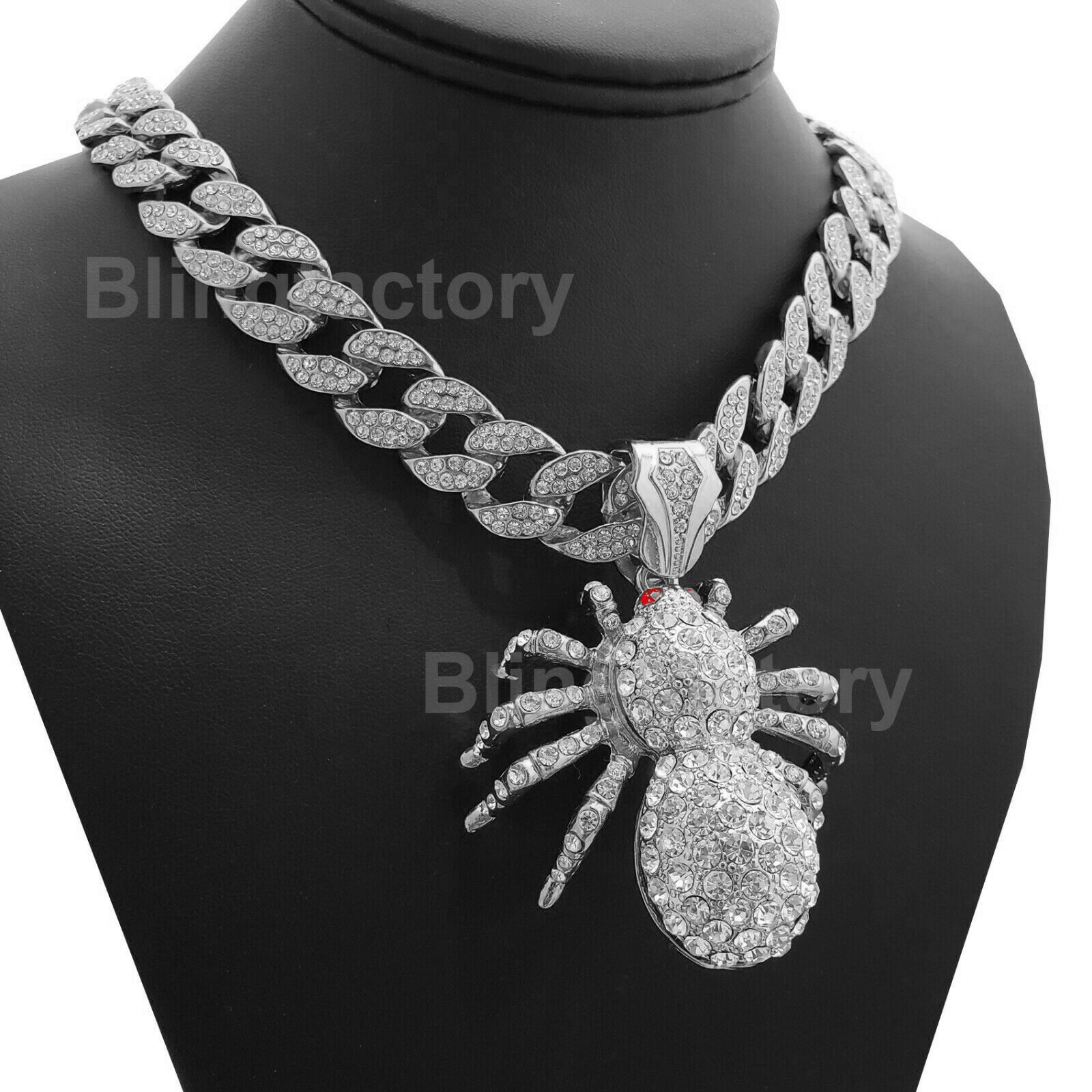 Silver Plated Alloy Spider Pendant 16″ ~ 30″ Cubic Zirconia Cuban Chain Necklace