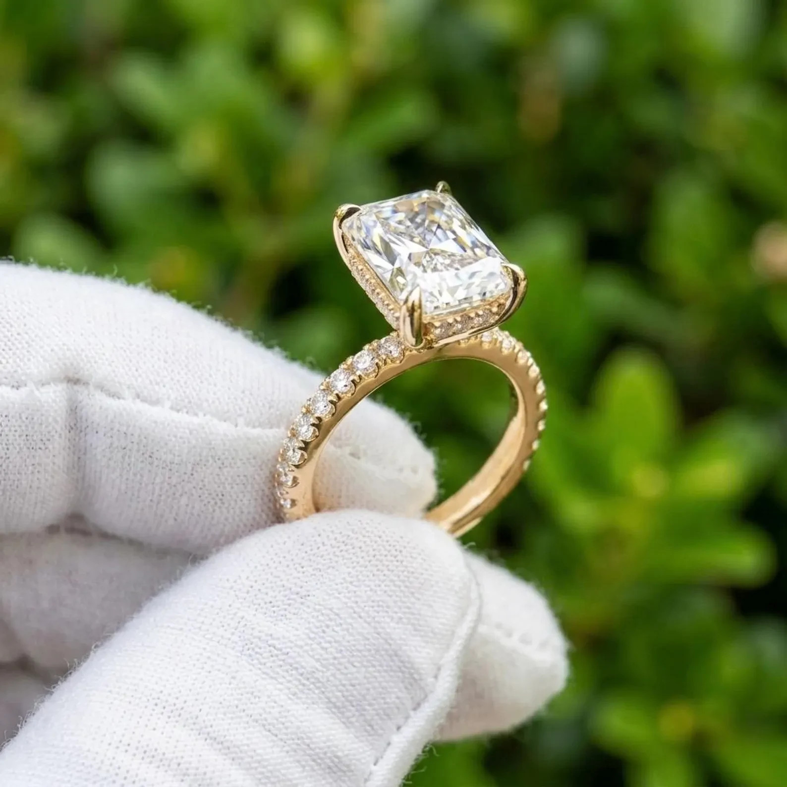 Radiant 2CT Lab Grown Diamond In 14k Yellow Gold For Hidden Halo Wedding Ring