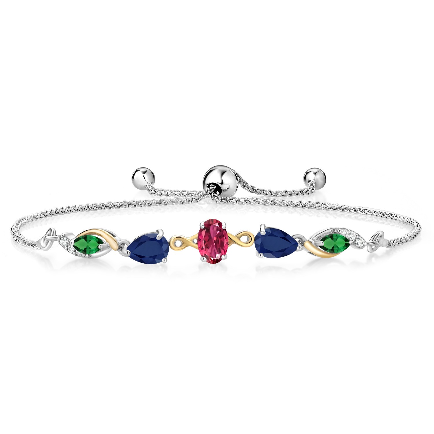925 Silver and 10K Yellow Gold Pink Tourmaline Sapphire Nano Emerald and Lab
