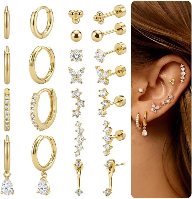 Hypoallergenic Flat Back Earrings Set for Women | Cartilage Earrings Stacks | 14