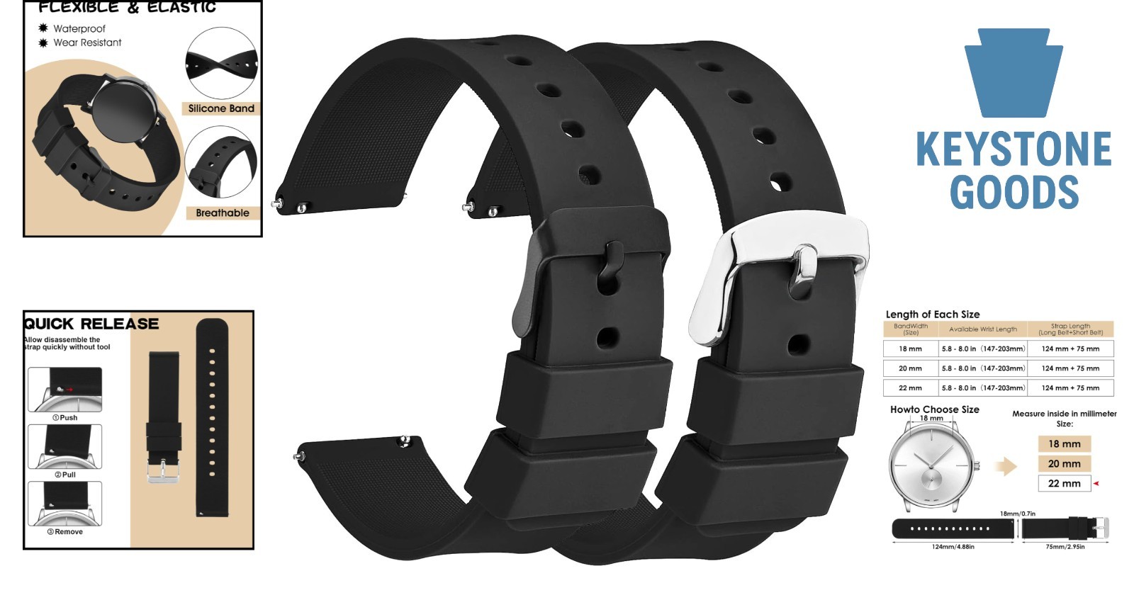 2PCS Silicone Watch Bands Set, Easy Fit Quick-Release Straps for 18mm, 20mm, …