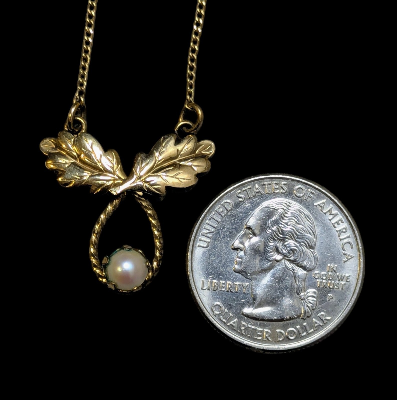 Vintage 12K GF Gold Filled Pearl Leaf Art Deco Choker Necklace 14″ Dainty