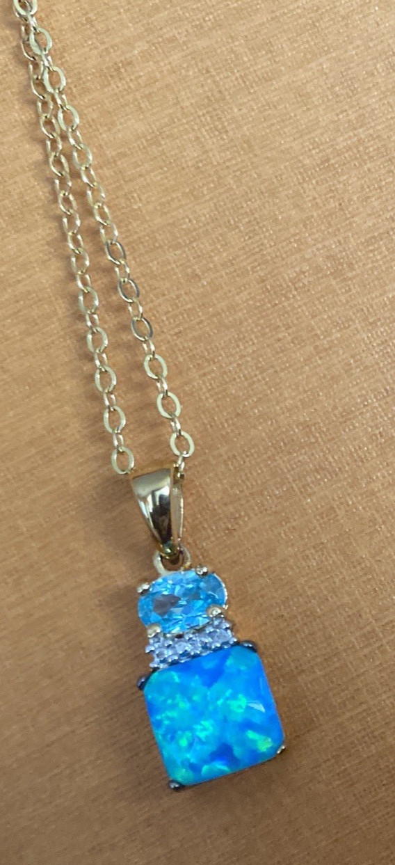 New TECHNIBOND Blue Lab Opal Topaz White CZ Necklace Ring Set HSN Lot