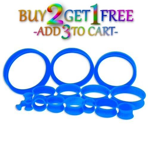 Pair 8g-40mm BLUE SILICONE EARSKIN TUNNELS Double Flare Gauges Thin Flesh 1020