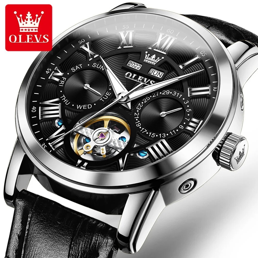 OLEVS Watch Automatic Mechanical Waterproof Luxury Date Leather Men Mens Strap