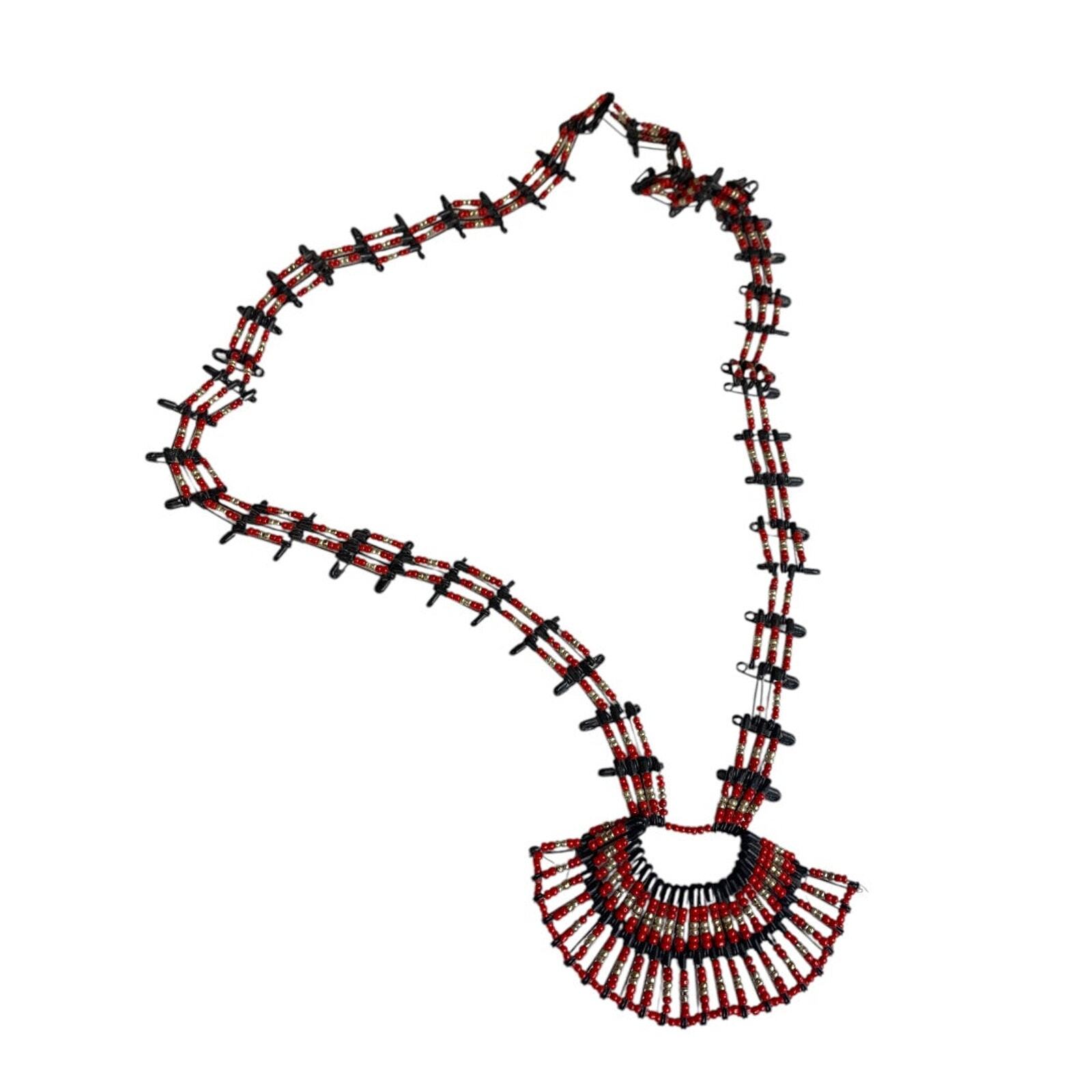 Vintage Safety Pin Statement Necklace Black Red 30 Inch Overhead No Clasp