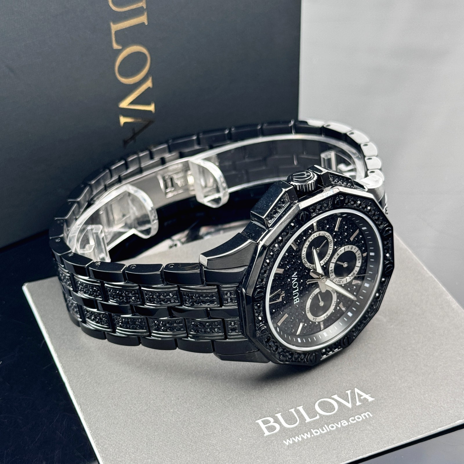 Bulova Octava Black Pave Crystal Stainless Steel Quartz Men’s Watch 98C134