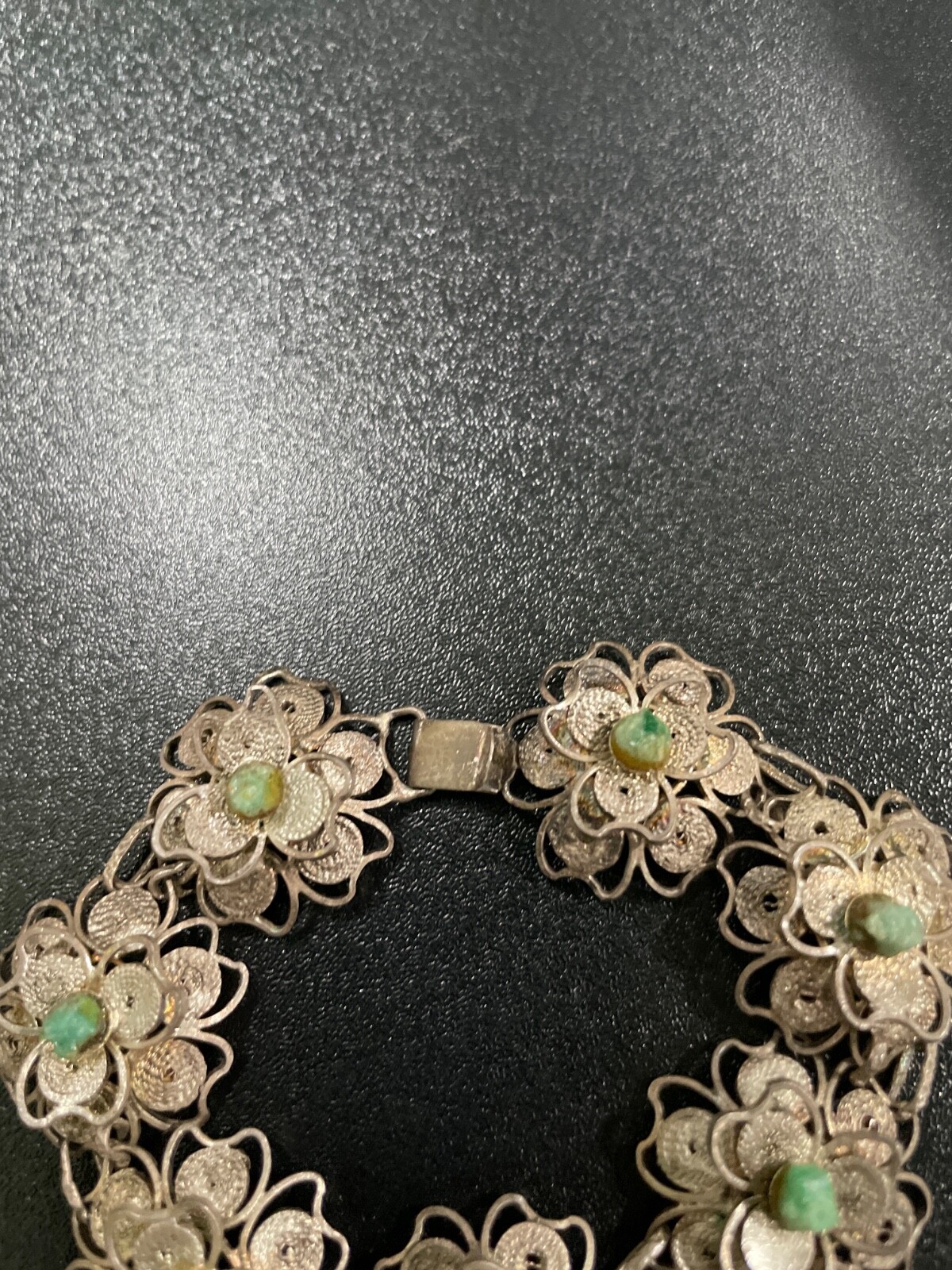 Bracelet From Peru Detailed Sterling Silver & Unpolished Emerald 7″