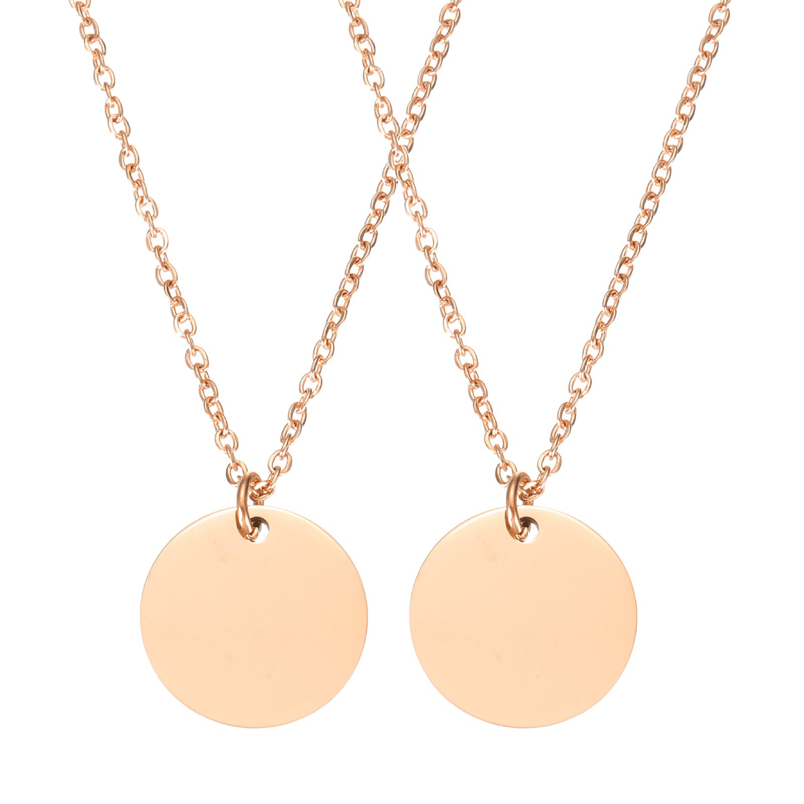 2Pcs Stainless Steel Round Pendant Necklace Engravable(0.8″, Rose Gold)