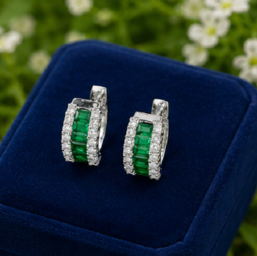 2ct Baguette Simulated Green Emerald/Diamond Hoop Earrings 14k White Gold Plated