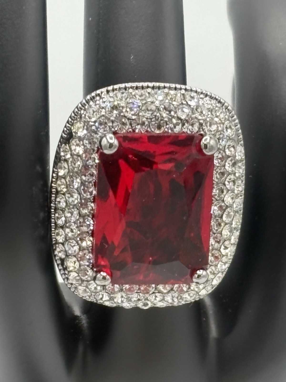 Classic Joan Boyce Ruby Red W/ White CZ Surround Rock Your Ring Size 6 EUC -1169
