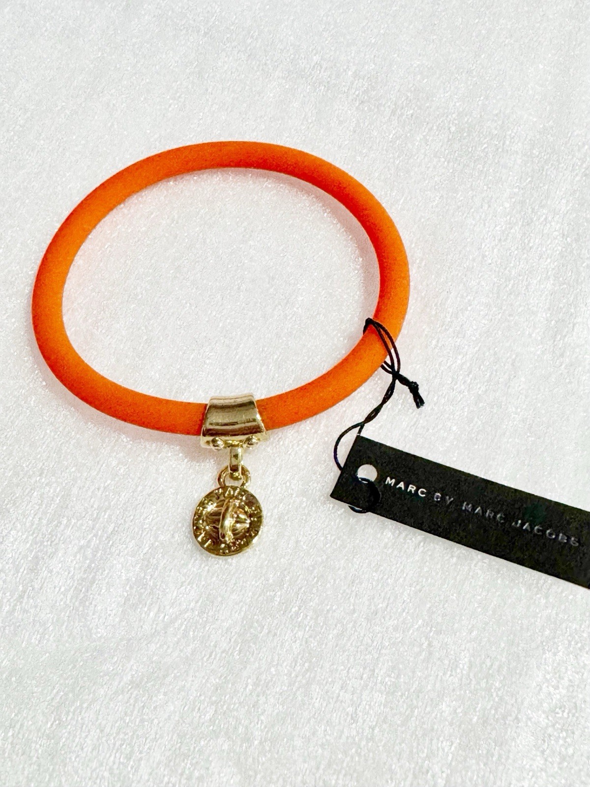 Marc by Marc Jacobs Orange Elastic Silicone Bracelet w/ Gold-Tone Logo Charm NWT