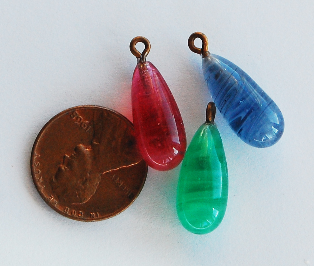 VINTAGE SWIRL GLASS TEAR DROP PENDANT BEADS (4) JAPAN • 20mm PINK, BLUE, GREEN