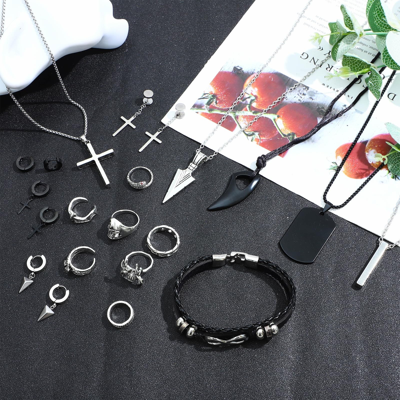 NEWITIN 31 Pieces Stainless Steel Adjustable, Black Silver Jewelry Set
