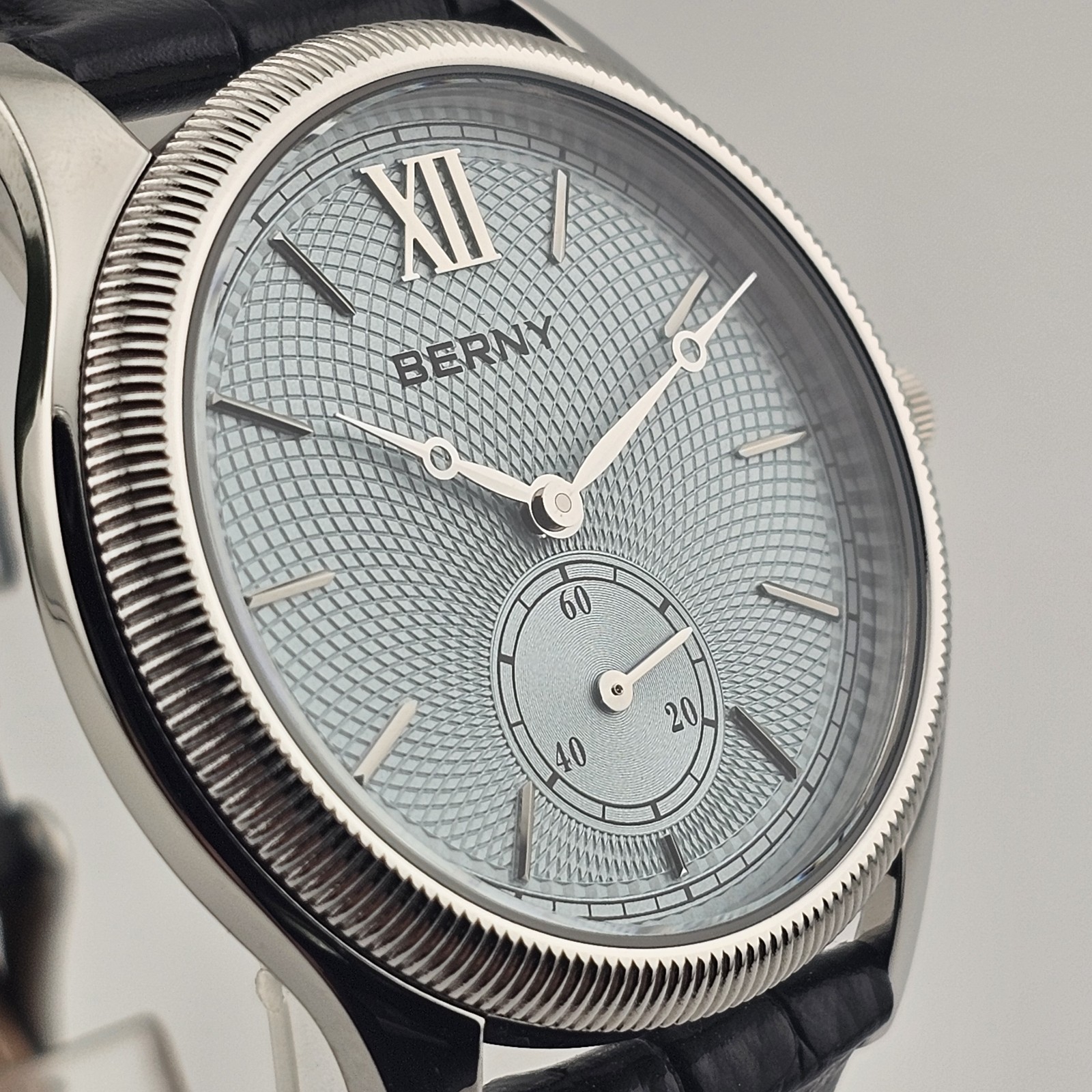USA Seller-BERNY Ice Blue Guilloché Dial Dress Watch – Fluted Bezel, Quartz.