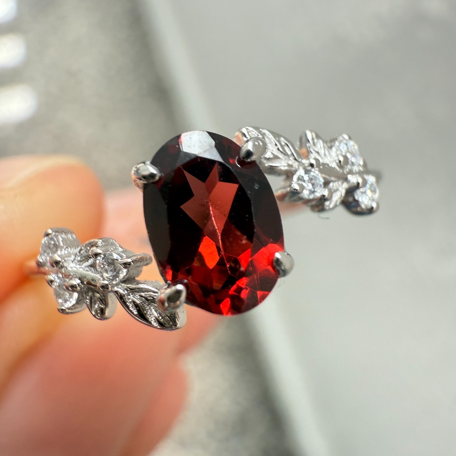 925 Sterling Silver Ring 7x5mm Natural Rhodolite Garnet Gemstone Zircon Flower