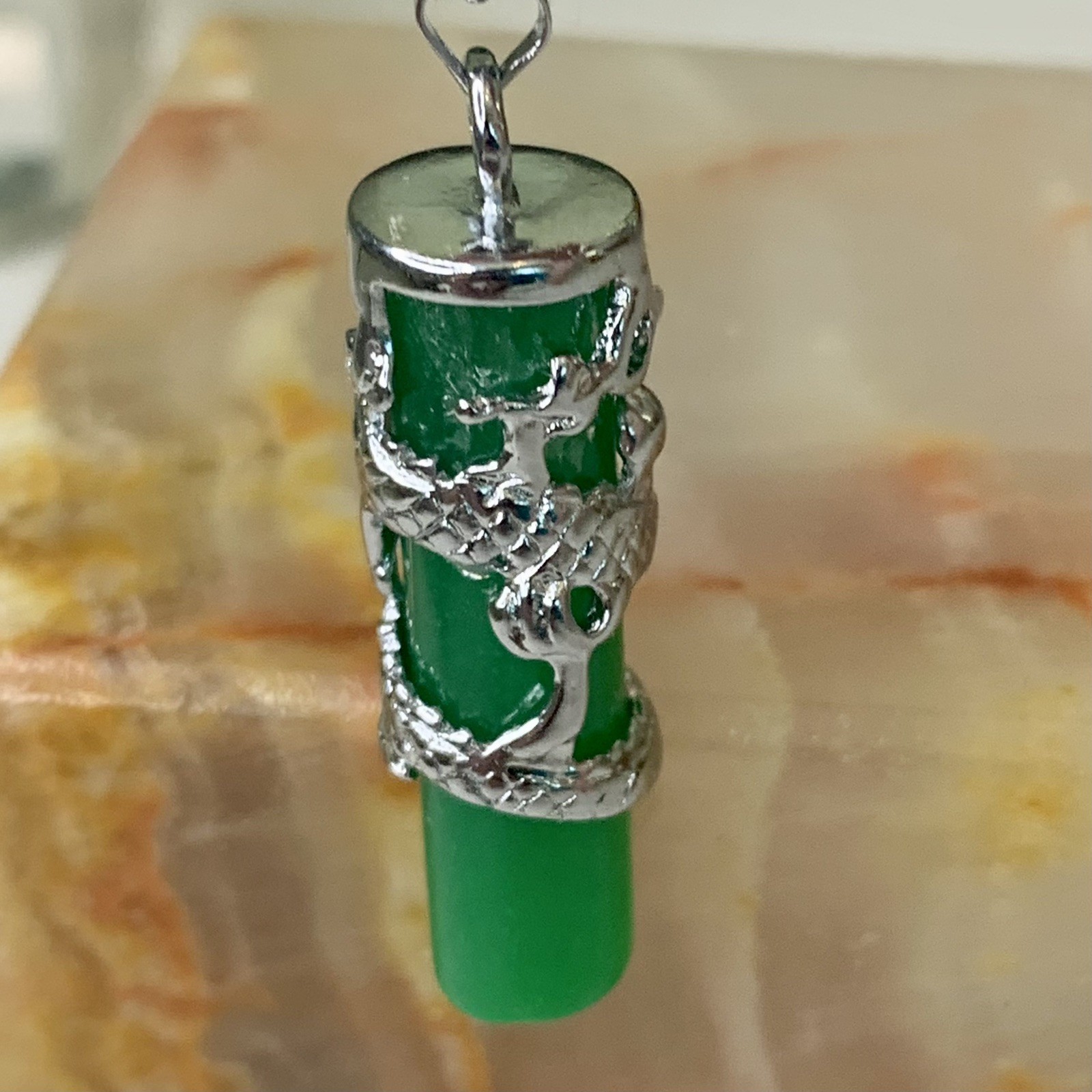 Dragon Coil Green Jade Pillar Men Women Column Pendant Chain Necklace 18KWGP 16″