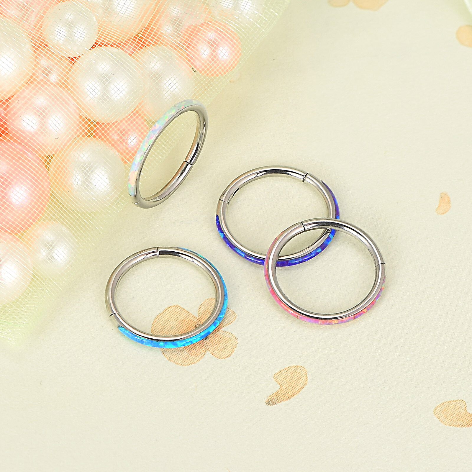 1PC 16G Nose Ring Opal Segment Hinged Septum Clicker Steel Daith Hoop Piercing