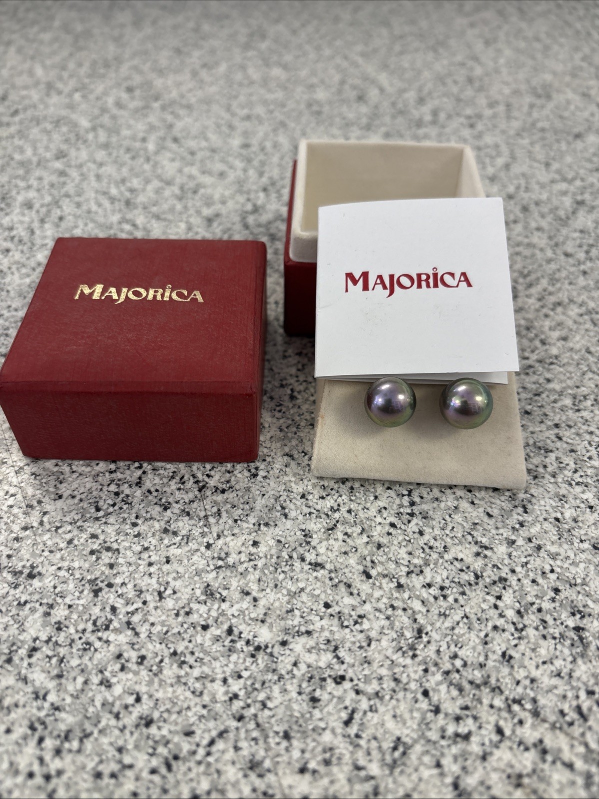 Vintage MAJORICA Sterling Silver Vermeil Gray Pearl Stud Earrings W/Original Box