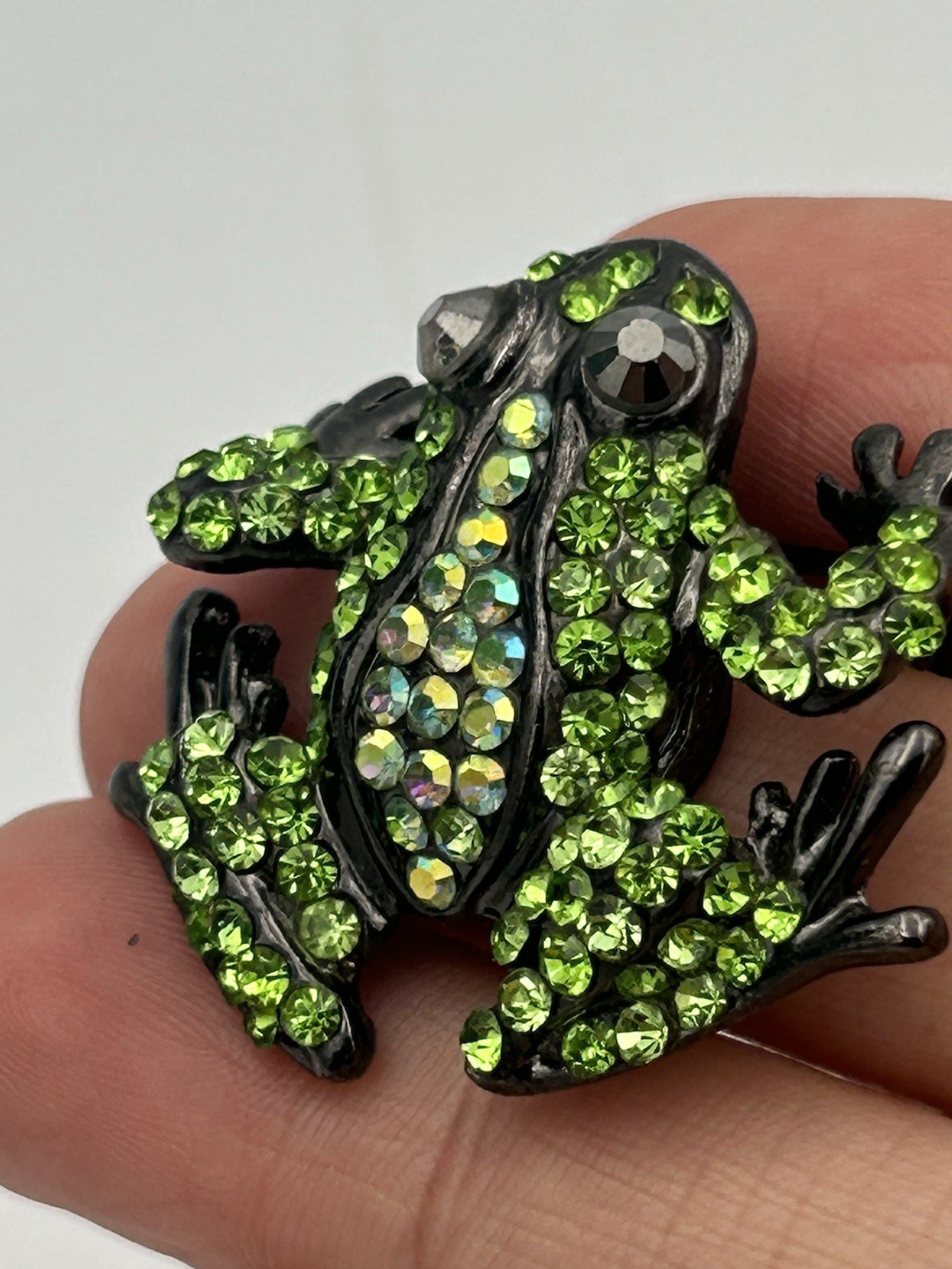 Whimsical Green Crystal Frog Brooch Pin Gun Metal Finish Diamante AB Rhinestone