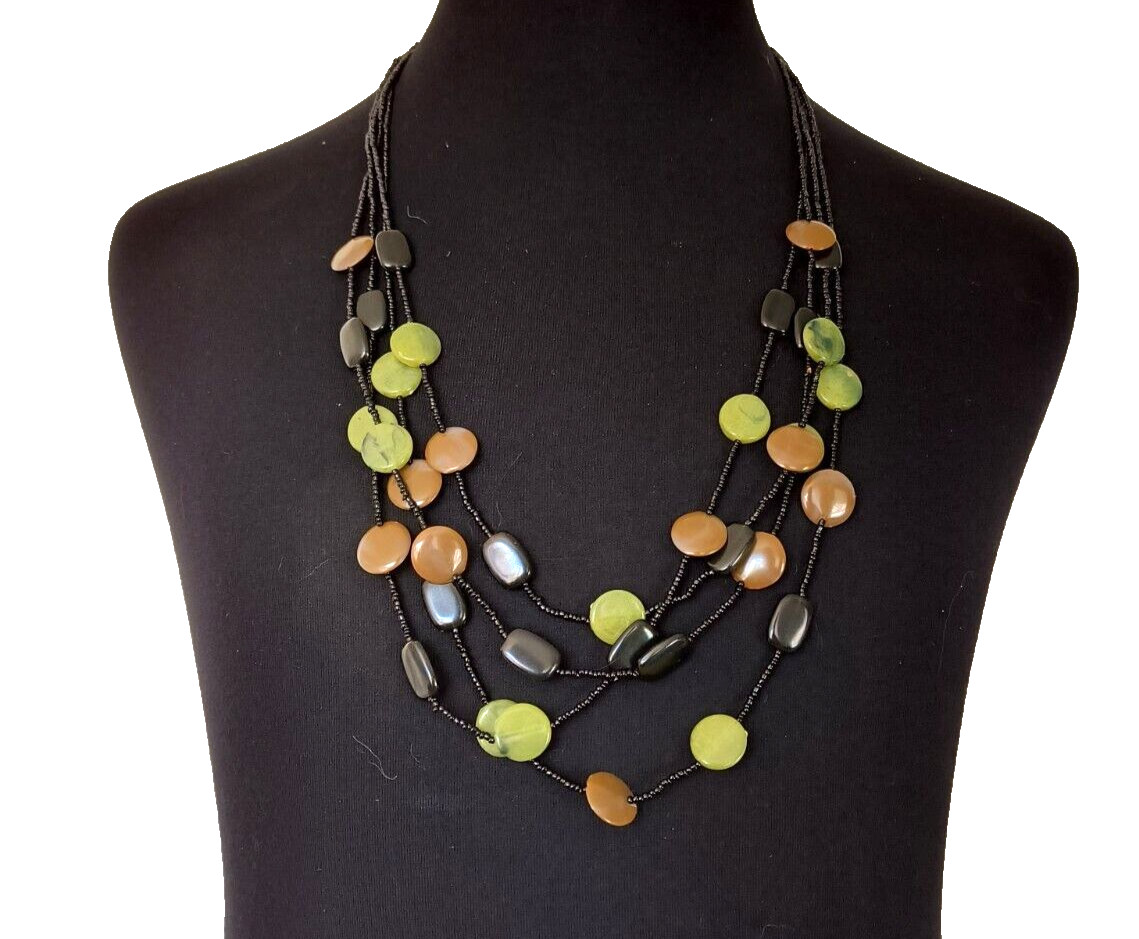 Women’s Necklace Beaded Multistrand Black Brown Green Black Discs Vintage