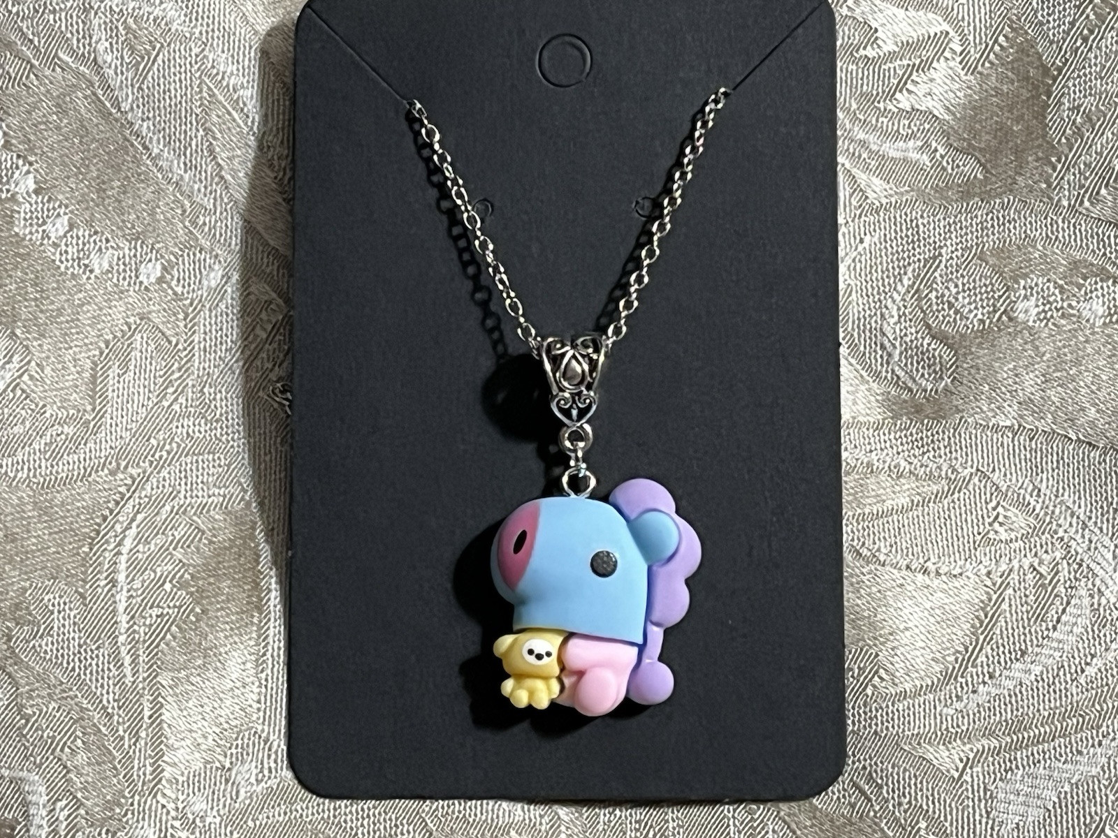 K POP Anime Cartoon Emojis Character Silver Resin Charm Pendant Necklace 18”