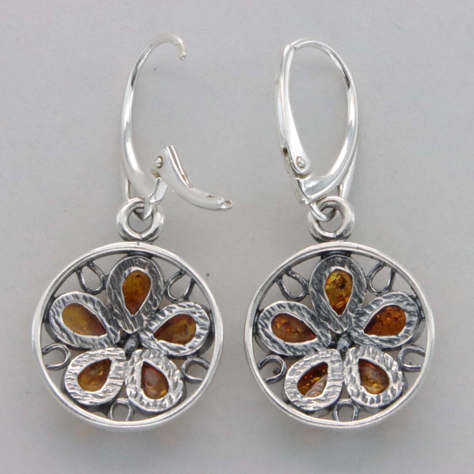 Cognac / Brown BALTIC AMBER Flower Leveback Earrings 925 STERLING SILVER #1666