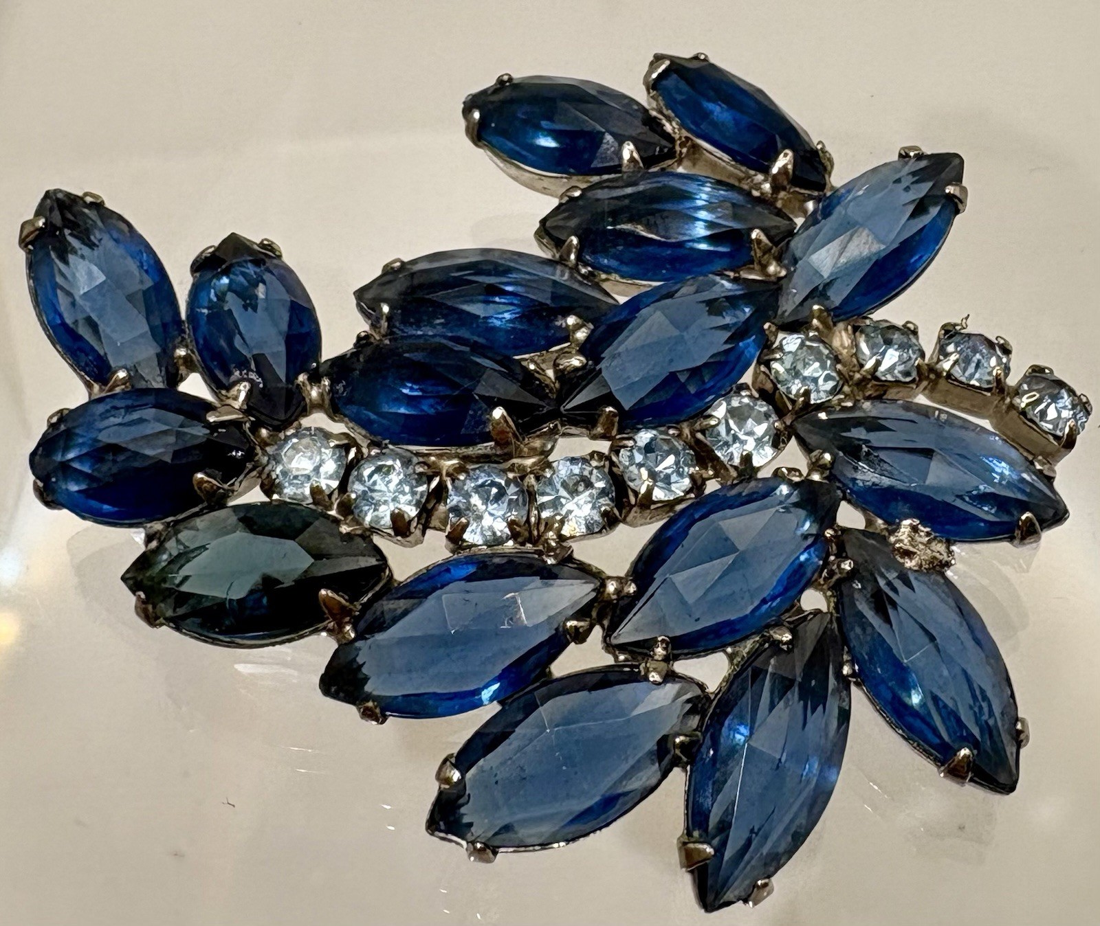 Vintage Blue Navette Rhinestone Brooch Silvertone Floral Spray Juliana Style