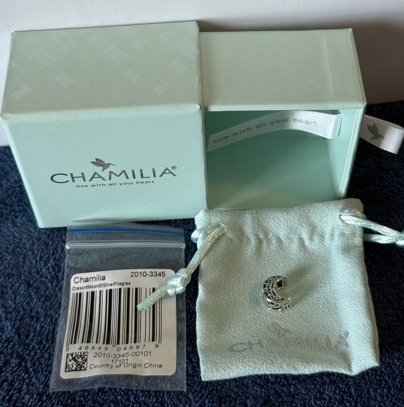 Chamilia Sterling Silver Crescent Moon Charm, Filigree, Auth, NEW