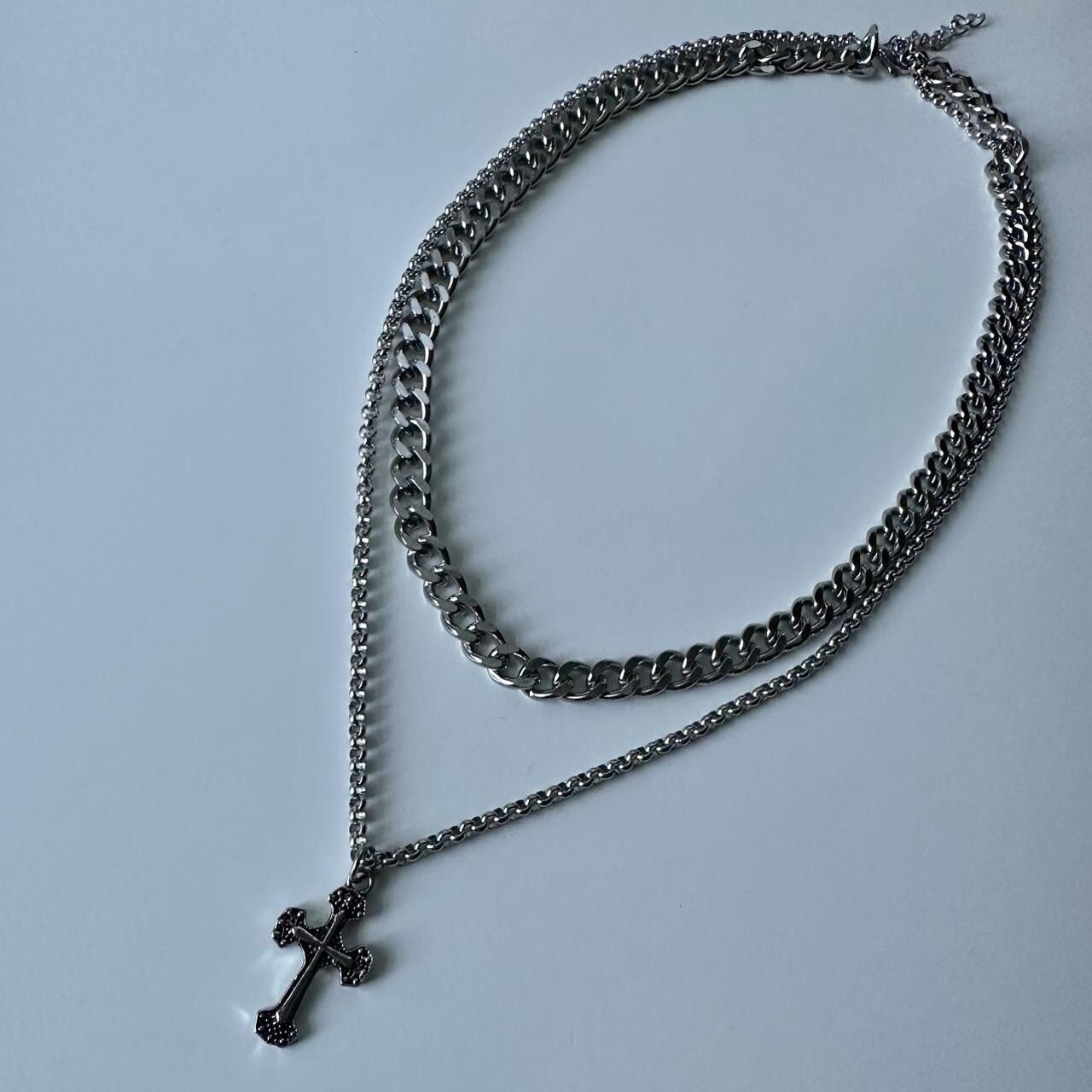 Mens Double Layer Cross Necklace Stainless Steel Chain Hip Hop Unisex Women New