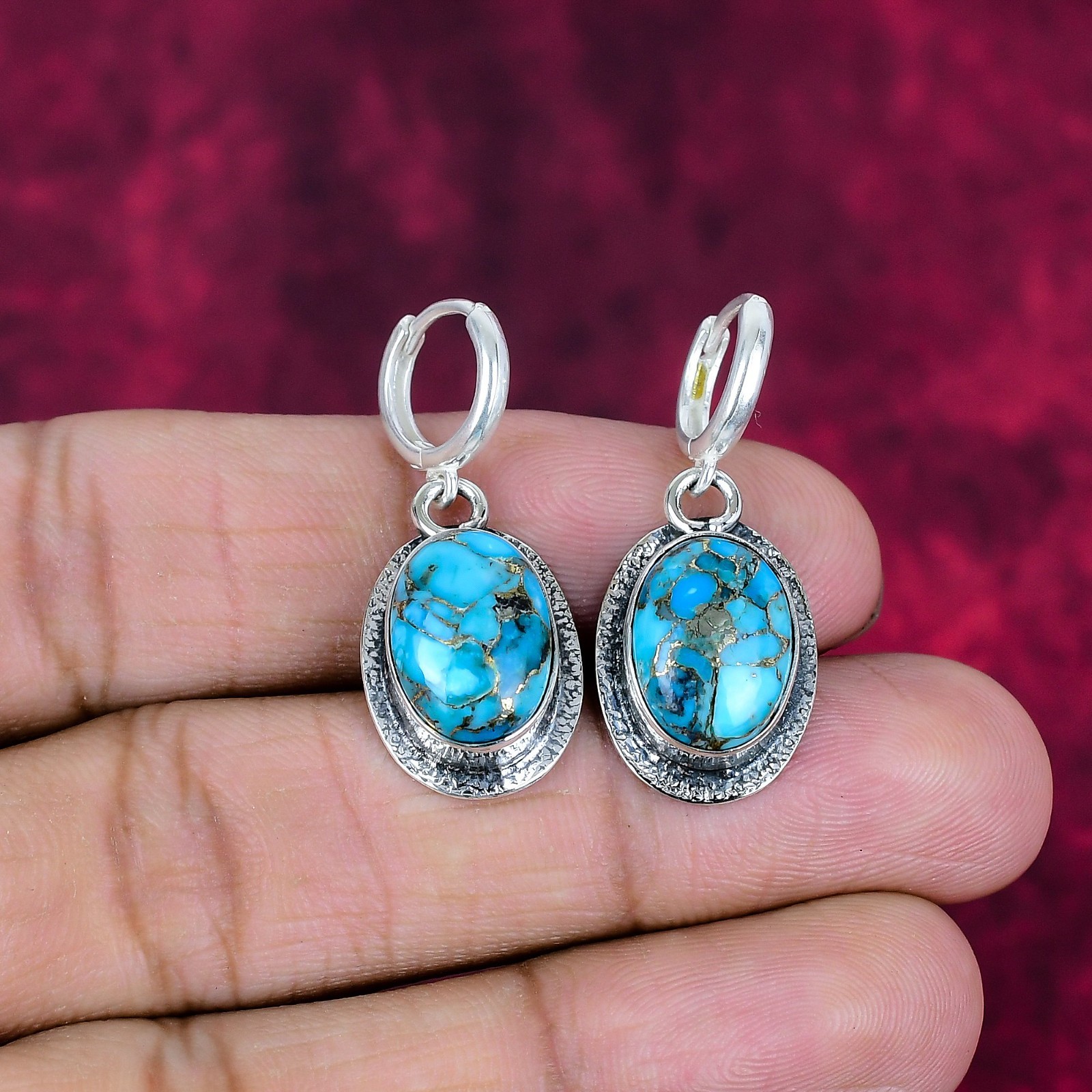 Blue Copper Turquoise Gemstone Handmade Jewelry 925 Sterling Silver Earrings