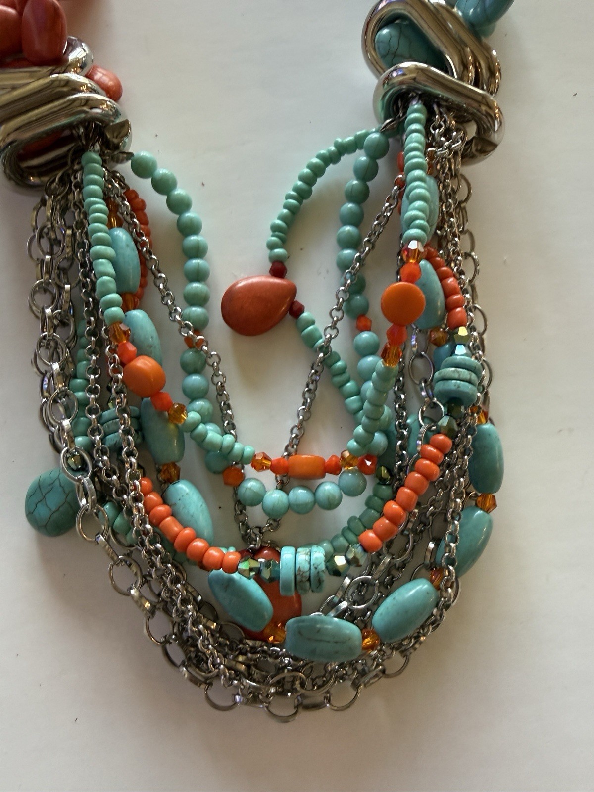 Turquoise & Coral Beaded Multi-Strand Layered Statement Necklace Lobster