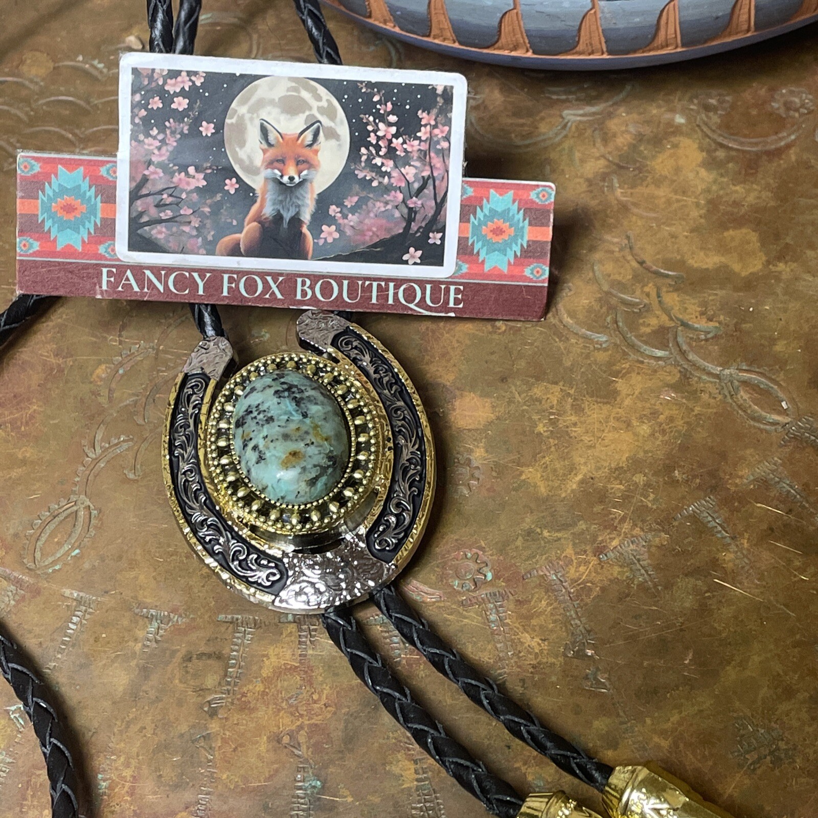 Southwest Tulsa Bolo Tie King African Turquoise Silver Gold Horseshoe Spring