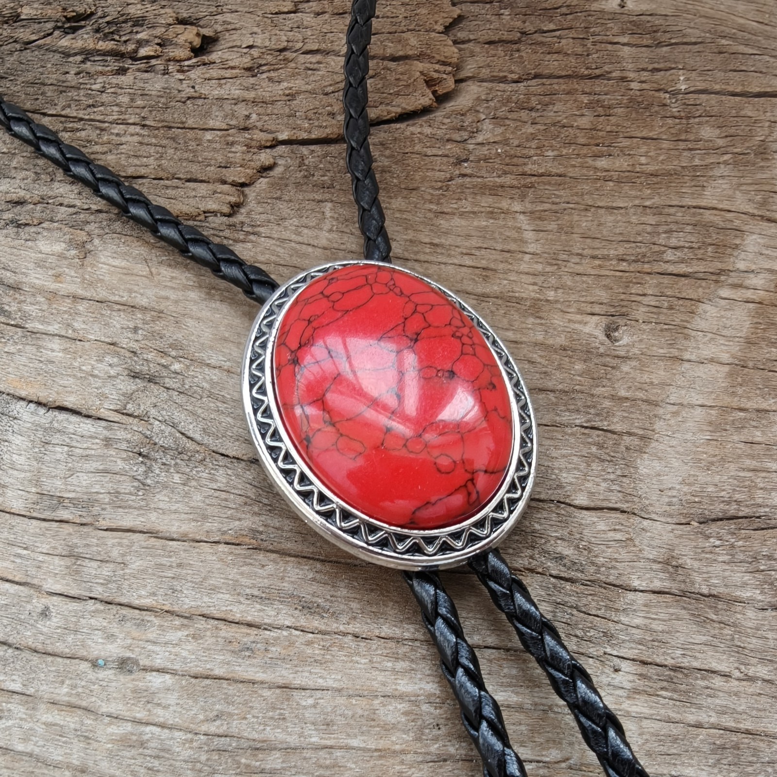 Giant Red Granite Bola Bolo Tie Wedding Necklace PU Leather Rope Western Cowboy
