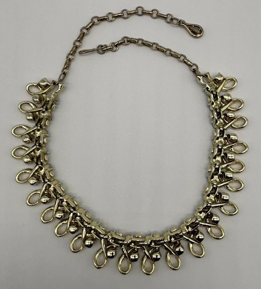 Vintage Mid Century Necklace Ribbon Link Design Gold Tone AB Rhinestone Unsigned