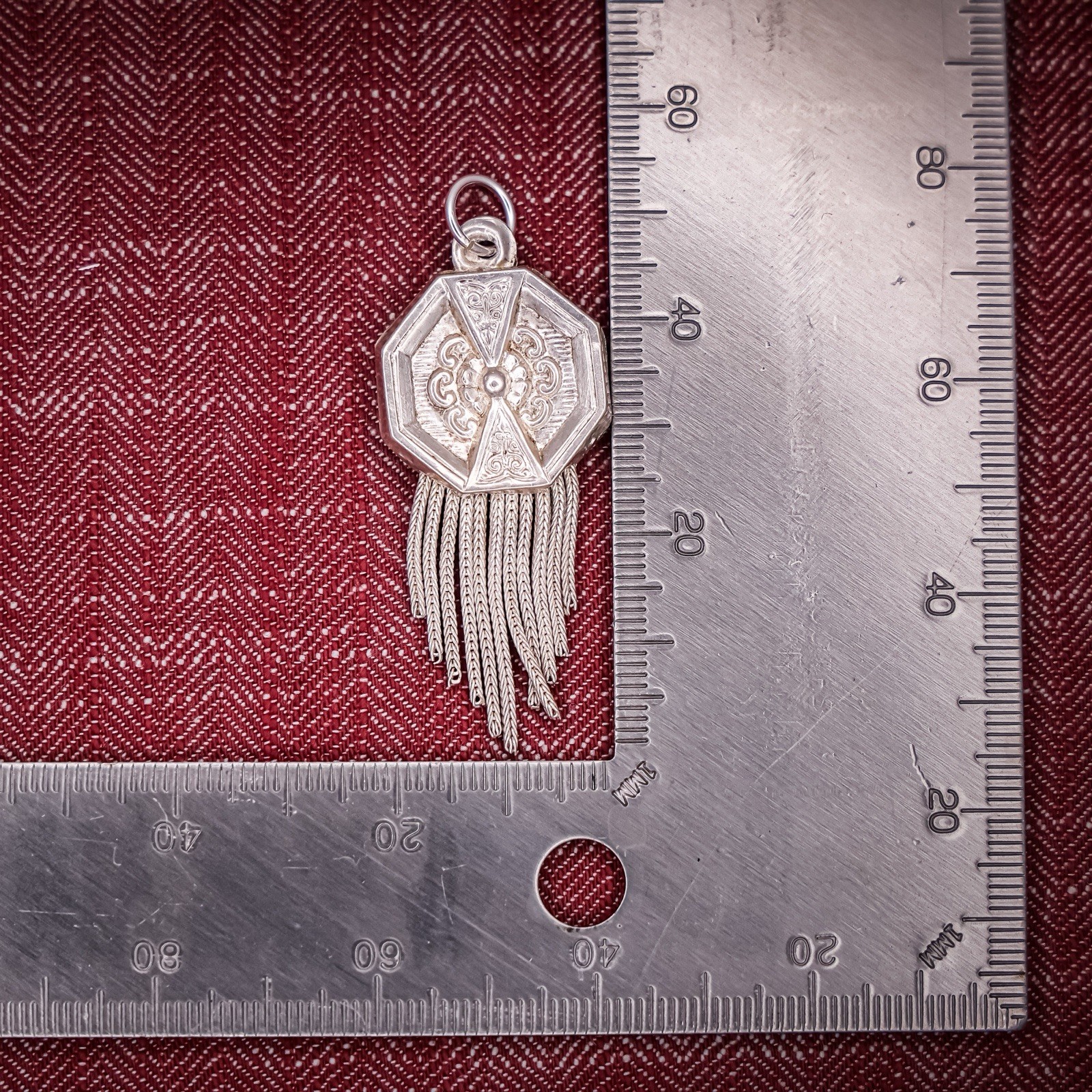 Antique French Puffy Tassel Charm Sterling Silver Die Struck Engraved Octagon