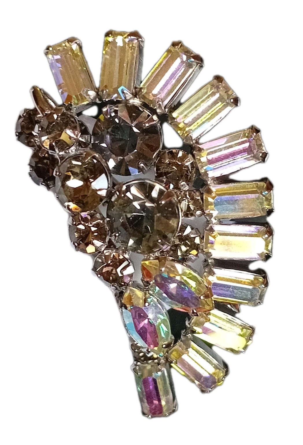 Vtg Signed SHERMAN Crescent Brooch Smoky&Aurora Borealis Crystals