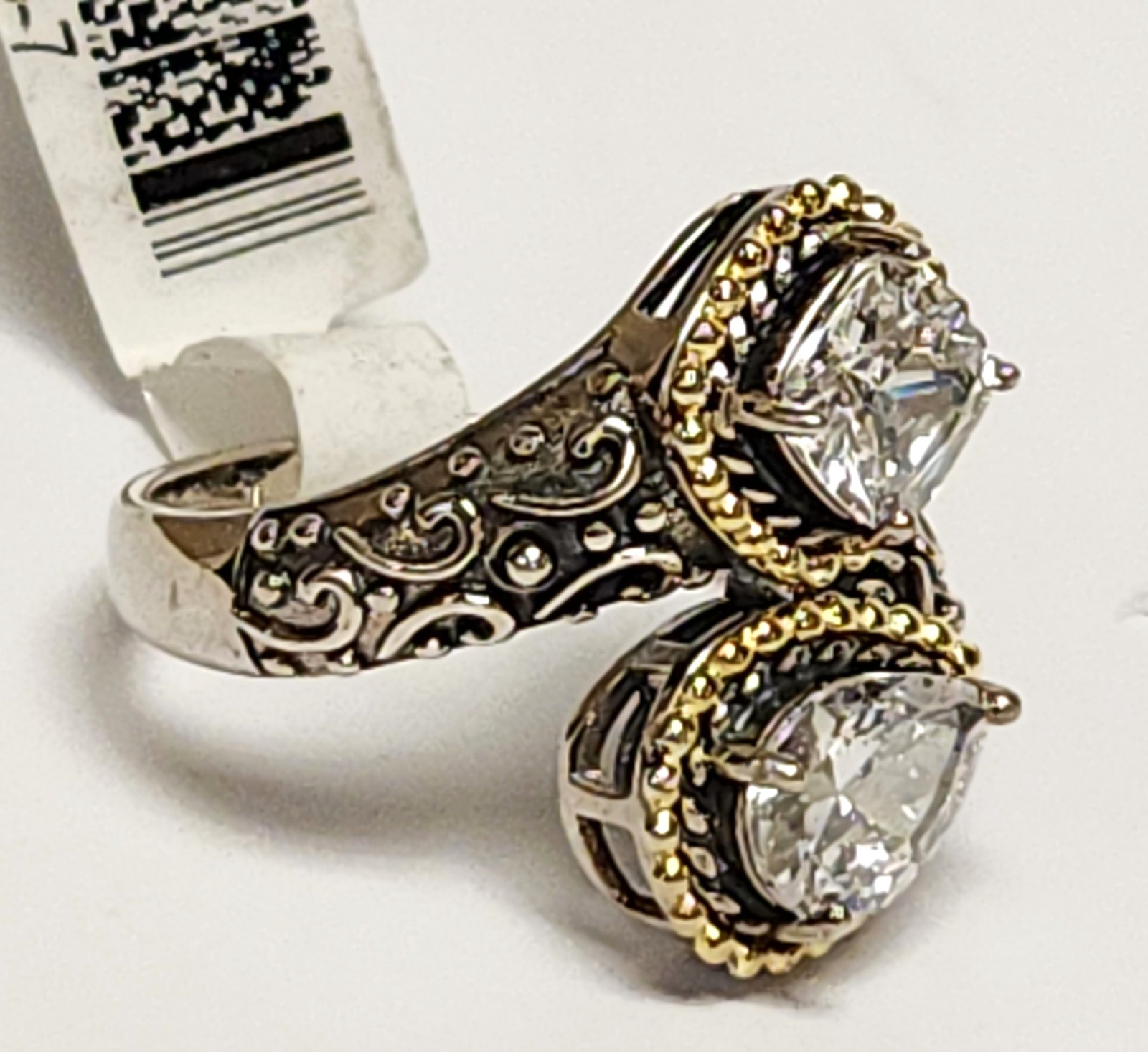 NWT Fuzion Creations White Zircon Sterling Silver Gold Vermeil Bypass Ring 6.5