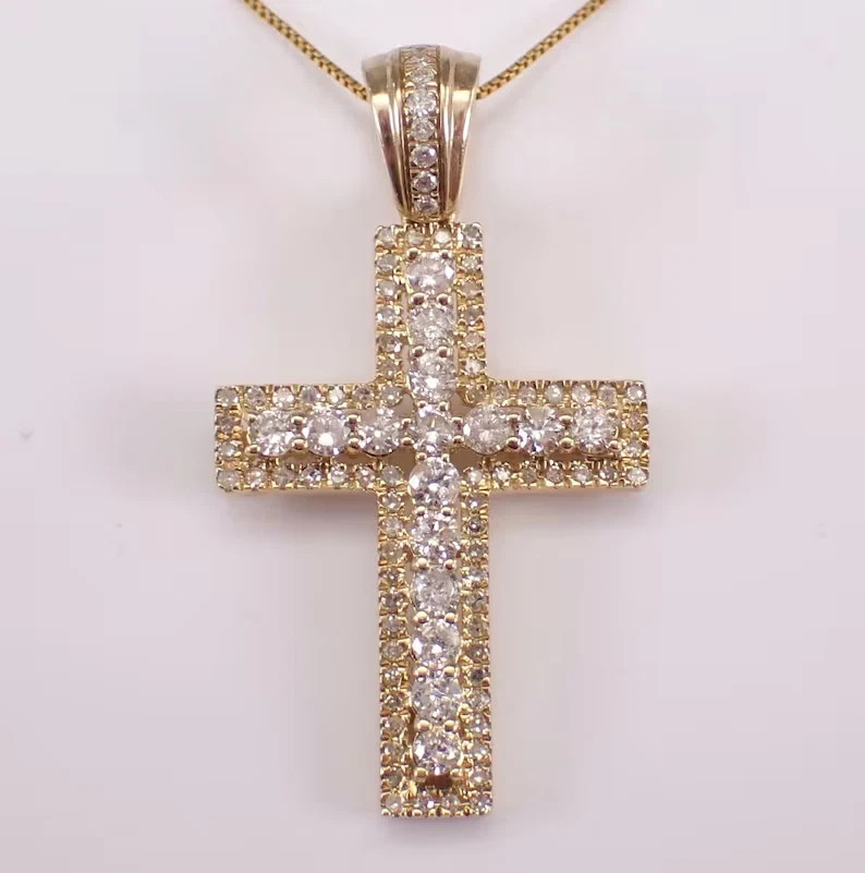 2.00Ct Round Good Cut Moissanite Cross Pendant 14K Yellow Gold Plated Silver