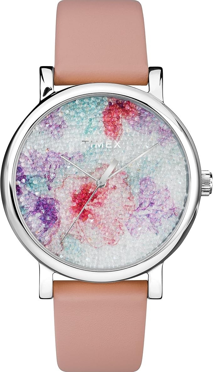 Timex Women’s TW2R84300 Crystal Bloom Pink/White Floral Leather Strap Watch NEW
