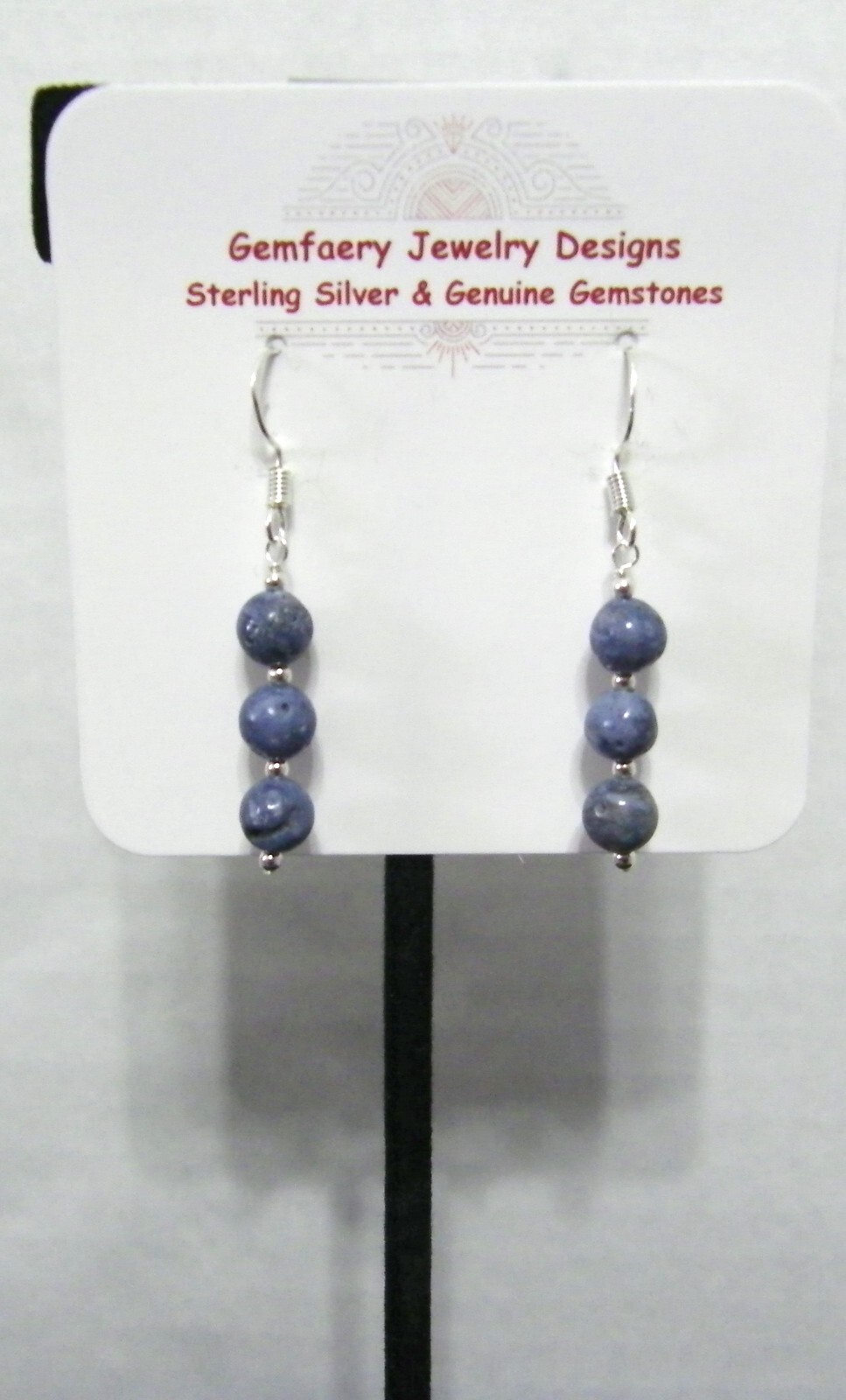 Sterling Silver Blue Sponge CORAL Gemstone Dangle Earrings #2147…Handmade USA