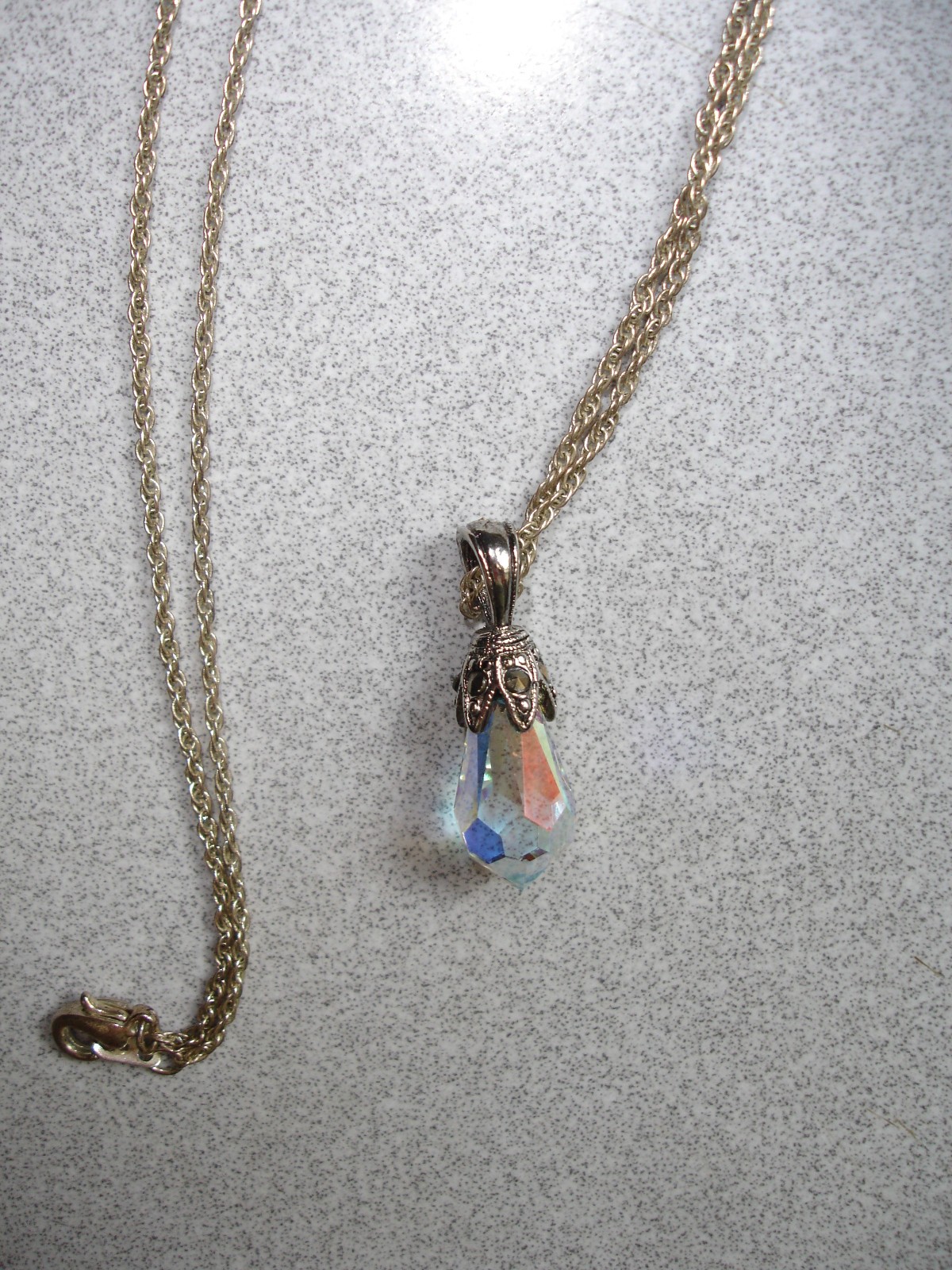 Silver Tone Necklace W/ A Faceted Tear Drop Crystal Pendant & Marcasite Stones