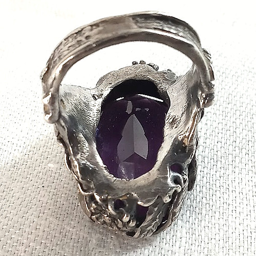 Vintage Cocktail Ring LOST WAX CAST Ornate Silver Faux Amethyst 10 FAIRYCORE