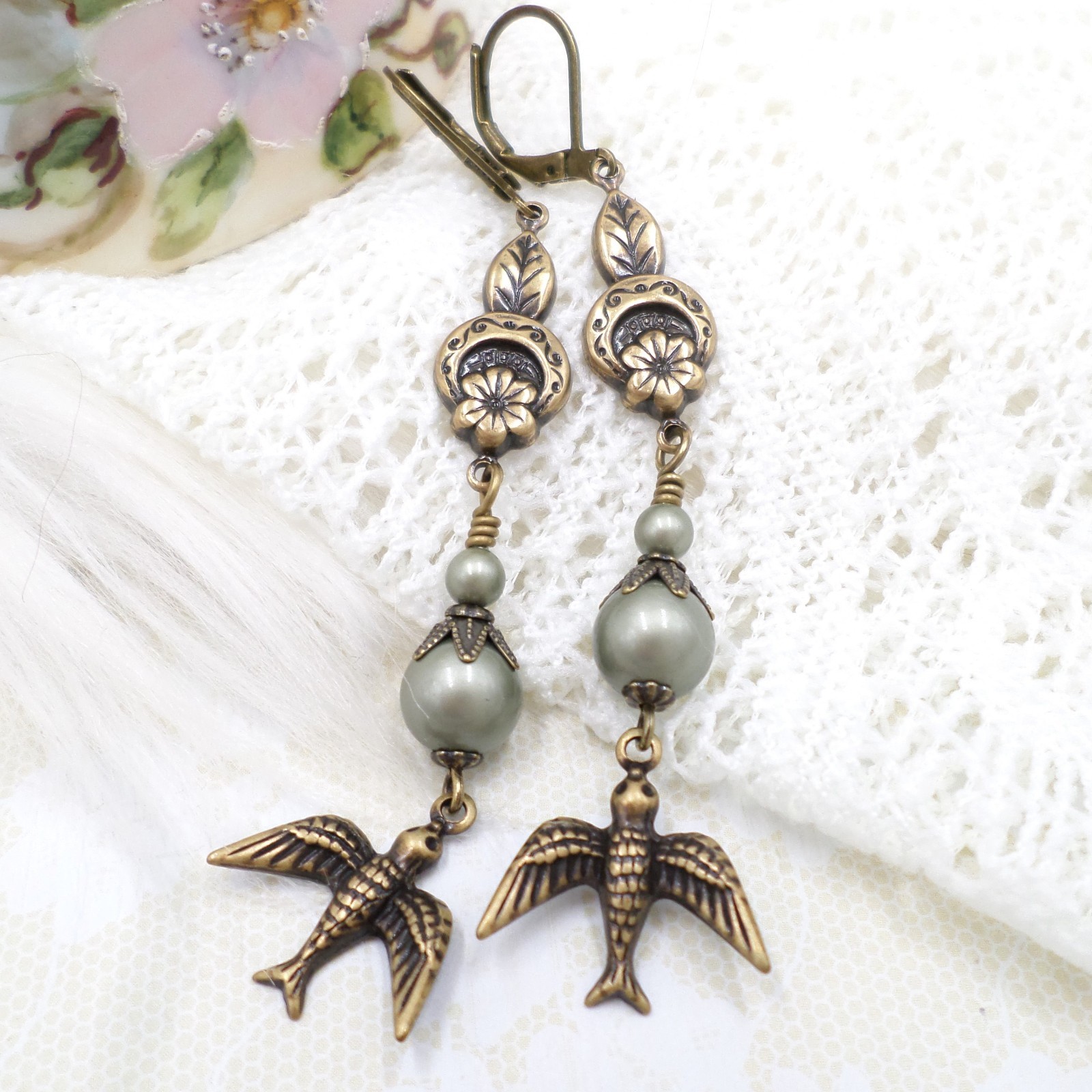 Brass Bird Earrings: Sage Green Pearl Floral Cottagecore Handmade Dangle Jewelry