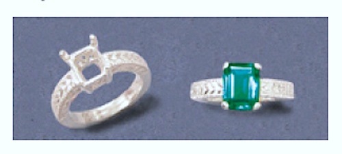 (7×5-18x13mm) Emerald Engraved Shank Silver Pre-Notched Ring Size 7